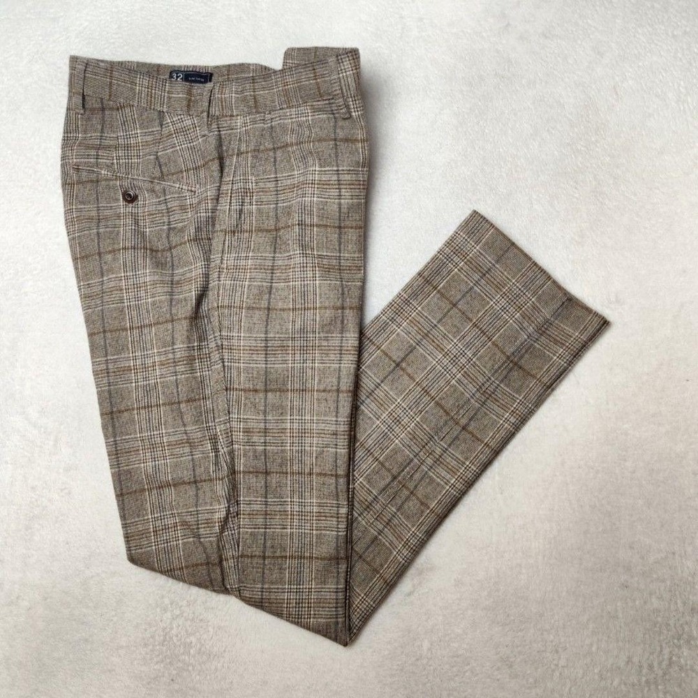 Gap Pants Mens 32x32 Beige Glen Plaid Slim Taper Dress 5 Pocket Work Slacks
